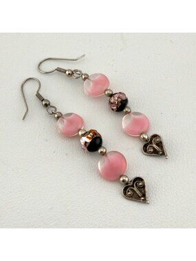 Pink Heart Glass Lampwork Bead Earrings Dangle Long Artisan Silver Tone